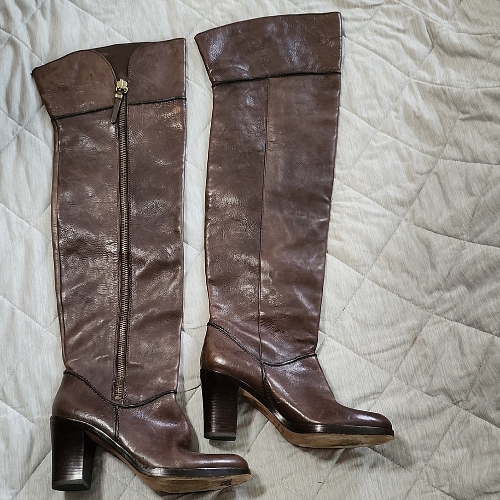 Via Spiga Genuine Leather Brown Over The Knee Leather Boots Heeled Zip Up Size 8
